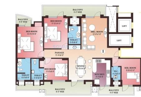 Floor plan of 3 BHK 2065 Sq. Ft. Apartment in Parsvnath Green Ville, Gurgaon