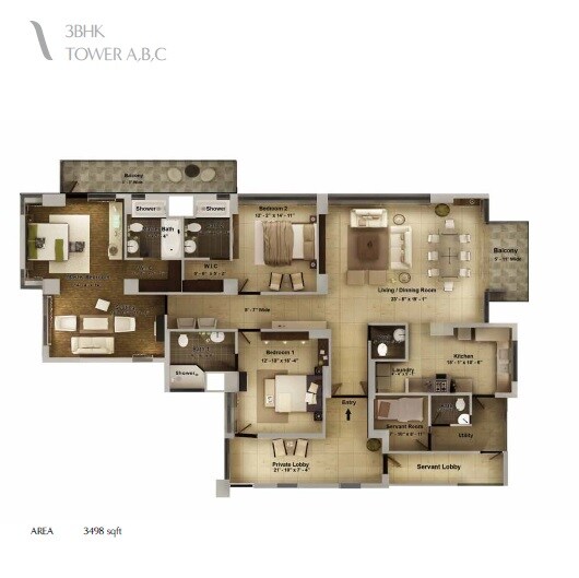 Floor plan of 3 BHK 3498 Sq. Ft. Apartment in Pioneer Araya, Gurgaon