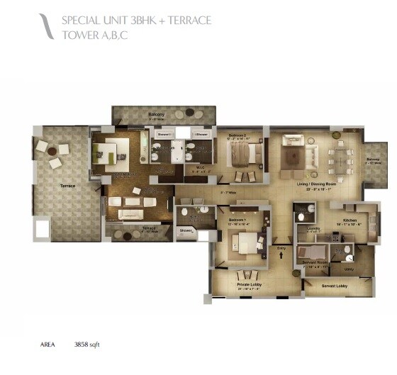 Floor plan of 3 BHK 3858 Sq. Ft. Apartment in Pioneer Araya, Gurgaon