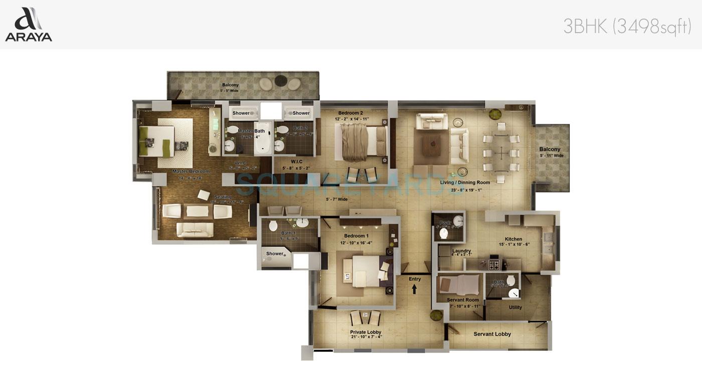Floor plan of 3 BHK 3498 Sq. Ft. Apartment in Pioneer Park Araya, Gurgaon
