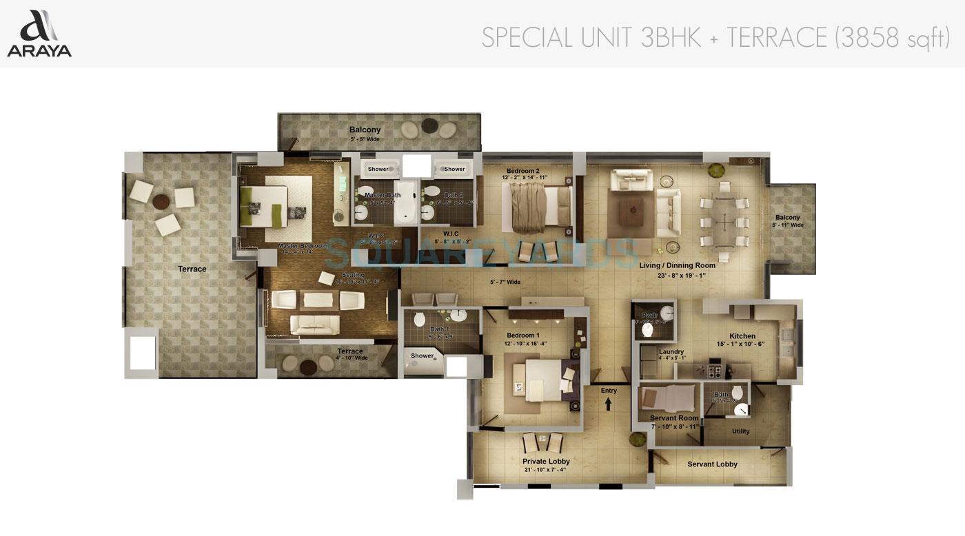 Floor plan of 3 BHK 3858 Sq. Ft. Apartment in Pioneer Park Araya, Gurgaon