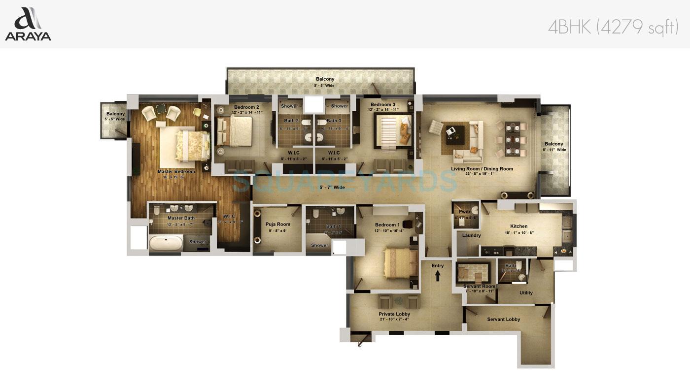 Floor plan of 4 BHK 4279 Sq. Ft. Apartment in Pioneer Park Araya, Gurgaon