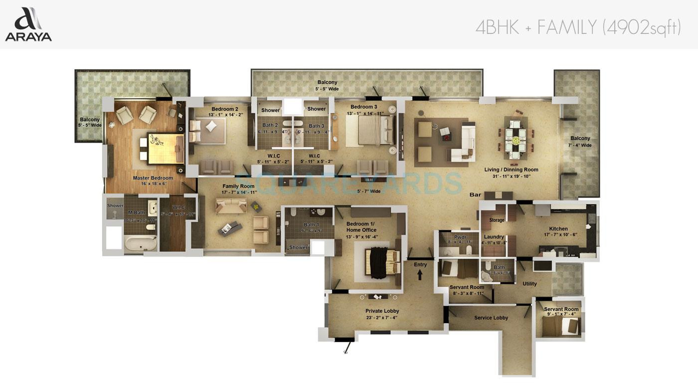 Floor plan of 4 BHK 4902 Sq. Ft. Apartment in Pioneer Park Araya, Gurgaon