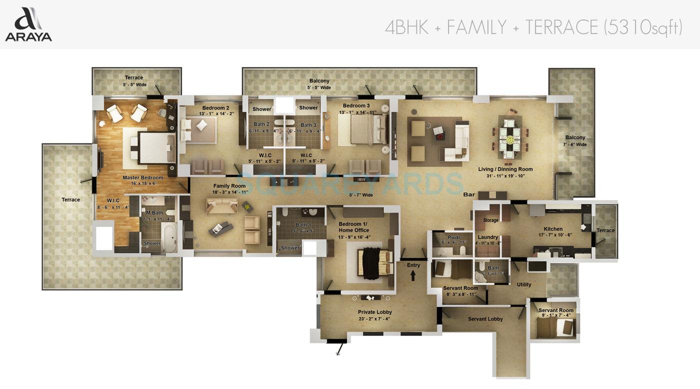 Floor plan of 4 BHK 5310 Sq. Ft. Apartment in Pioneer Park Araya, Gurgaon