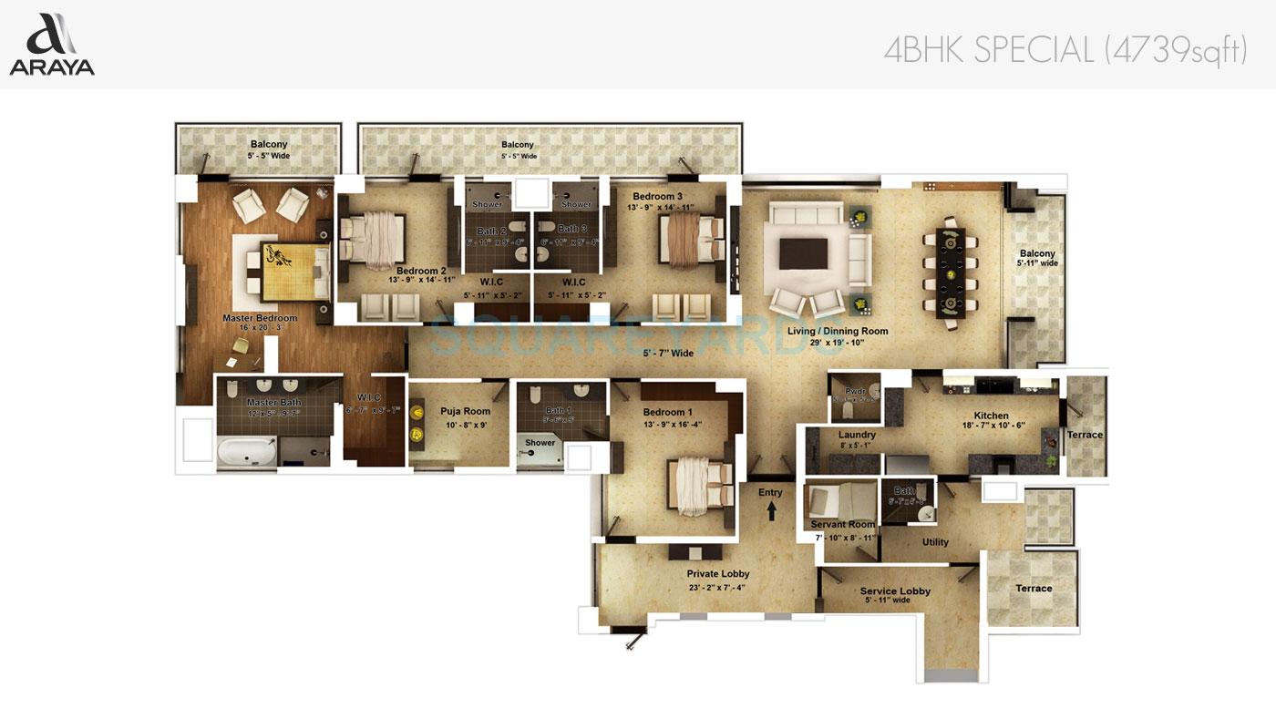 Floor plan of 4 BHK 4739 Sq. Ft. Apartment in Pioneer Park Araya, Gurgaon