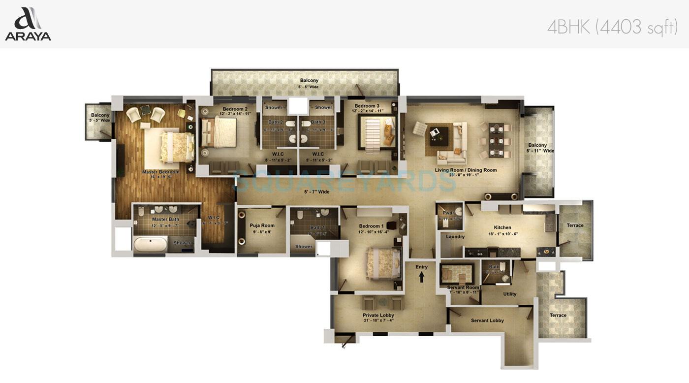 Floor plan of 4 BHK 4403 Sq. Ft. Apartment in Pioneer Park Araya, Gurgaon