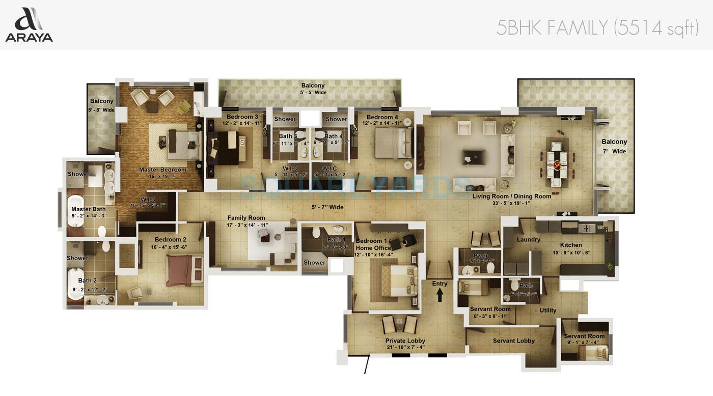 Floor plan of 5 BHK 5514 Sq. Ft. Apartment in Pioneer Park Araya, Gurgaon