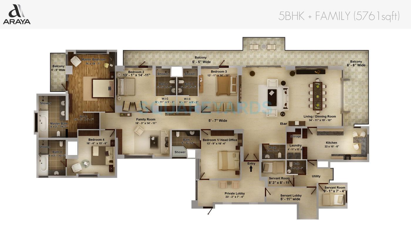 Floor plan of 5 BHK 5761 Sq. Ft. Apartment in Pioneer Park Araya, Gurgaon