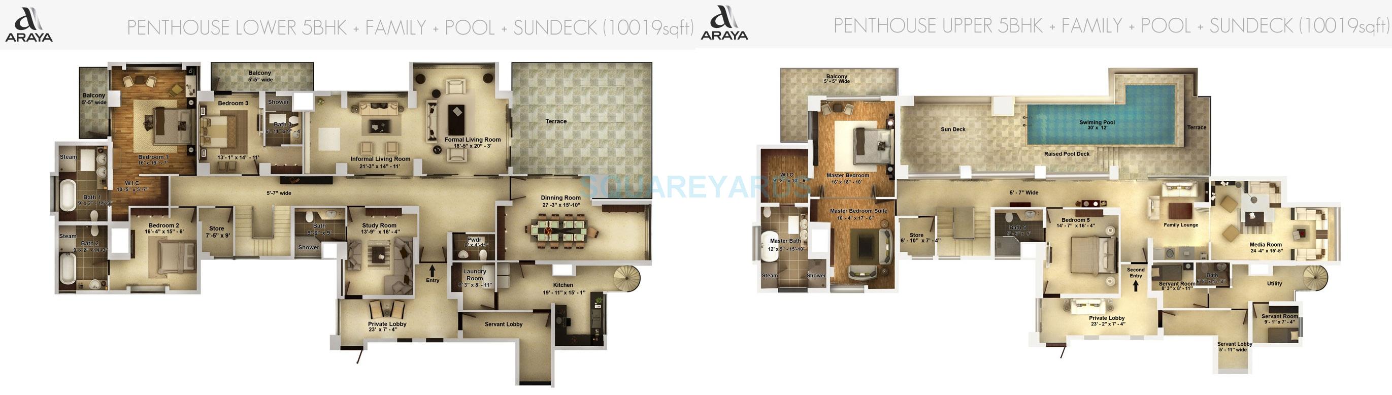 Floor plan of 5 BHK 10019 Sq. Ft. Penthouse in Pioneer Park Araya, Gurgaon