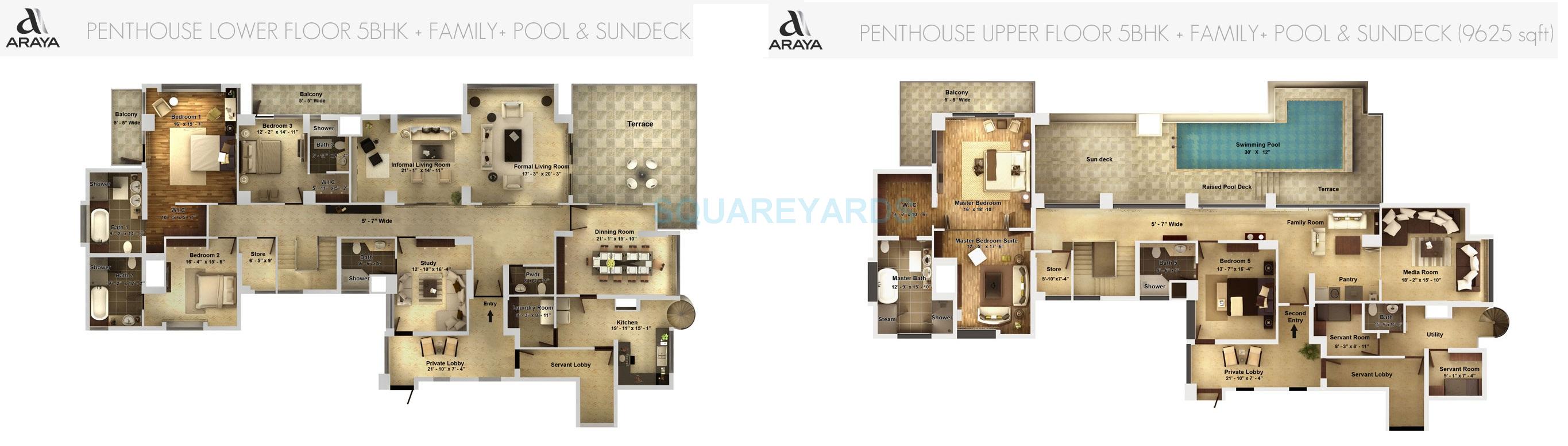 Floor plan of 5 BHK 9625 Sq. Ft. Penthouse in Pioneer Park Araya, Gurgaon
