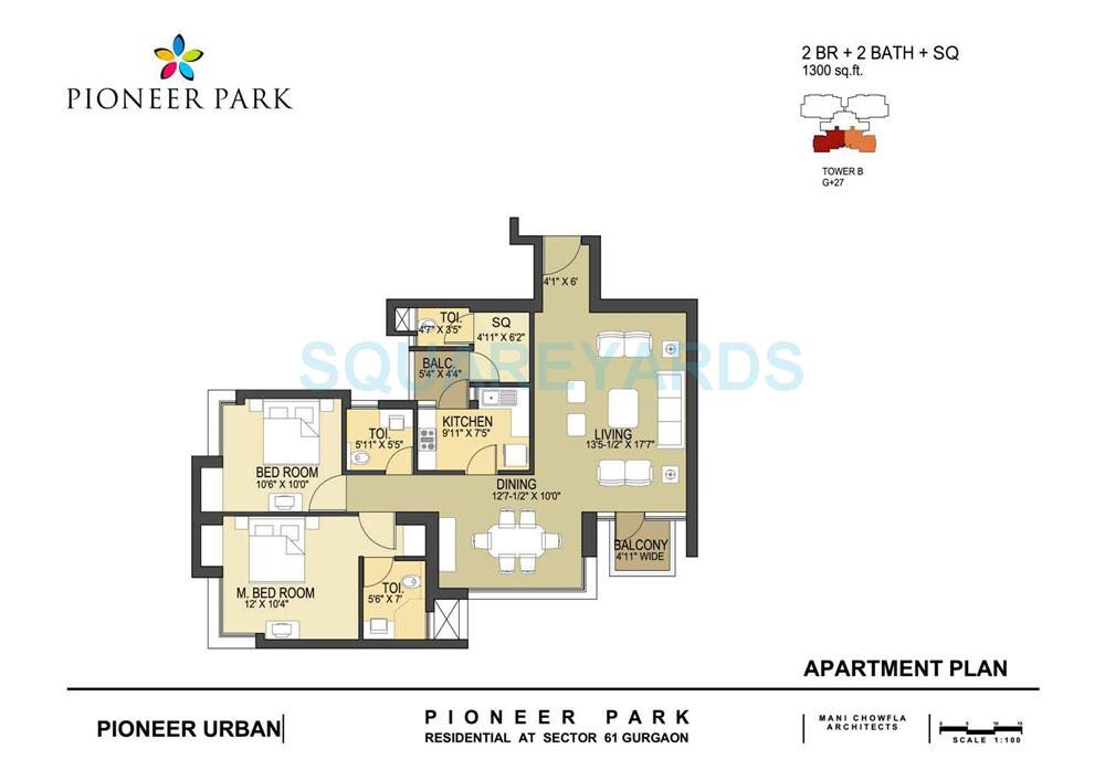Floor plan of 2 BHK 1300 Sq. Ft. Apartment in Pioneer Park Phase 1, Gurgaon