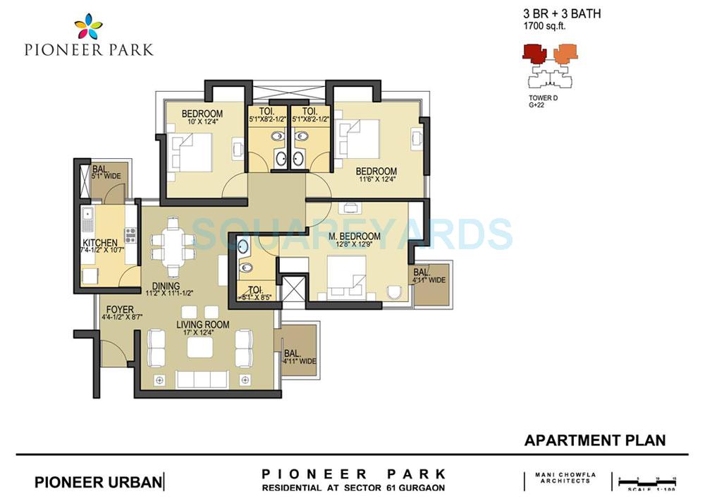 Floor plan of 3 BHK 1700 Sq. Ft. Apartment in Pioneer Park Phase 1, Gurgaon