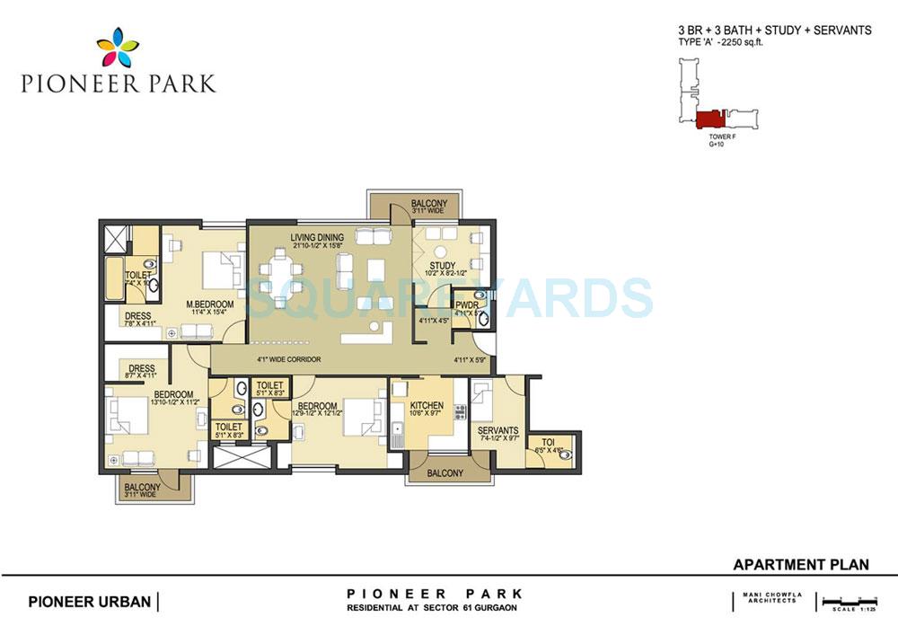 Floor plan of 3 BHK 2250 Sq. Ft. Apartment in Pioneer Park Phase 1, Gurgaon