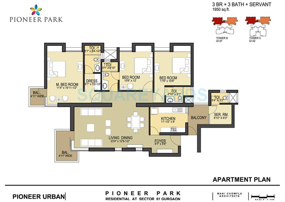 Floor plan of 3 BHK 1950 Sq. Ft. Apartment in Pioneer Park Phase 1, Gurgaon