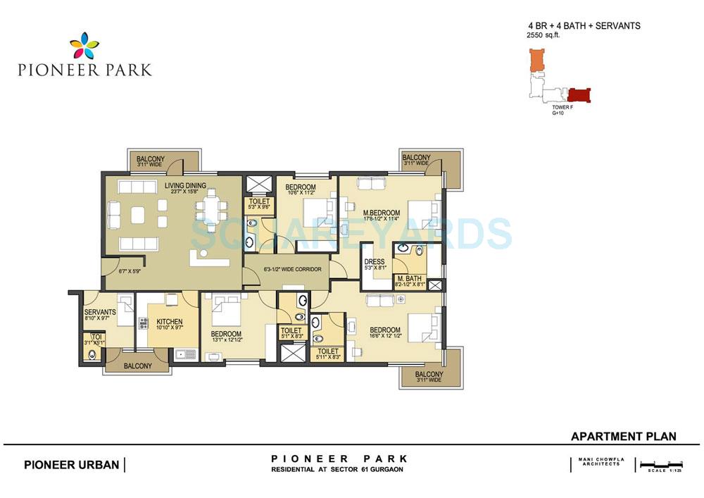 Floor plan of 4 BHK 2550 Sq. Ft. Apartment in Pioneer Park Phase 1, Gurgaon