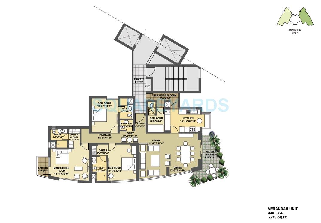 Floor plan of 3 BHK 2279 Sq. Ft. Apartment in Pioneer Park Presidia, Gurgaon