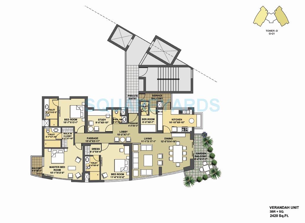 Floor plan of 3 BHK 2420 Sq. Ft. Apartment in Pioneer Park Presidia, Gurgaon