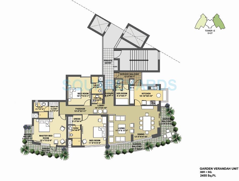 Floor plan of 3 BHK 2455 Sq. Ft. Apartment in Pioneer Park Presidia, Gurgaon
