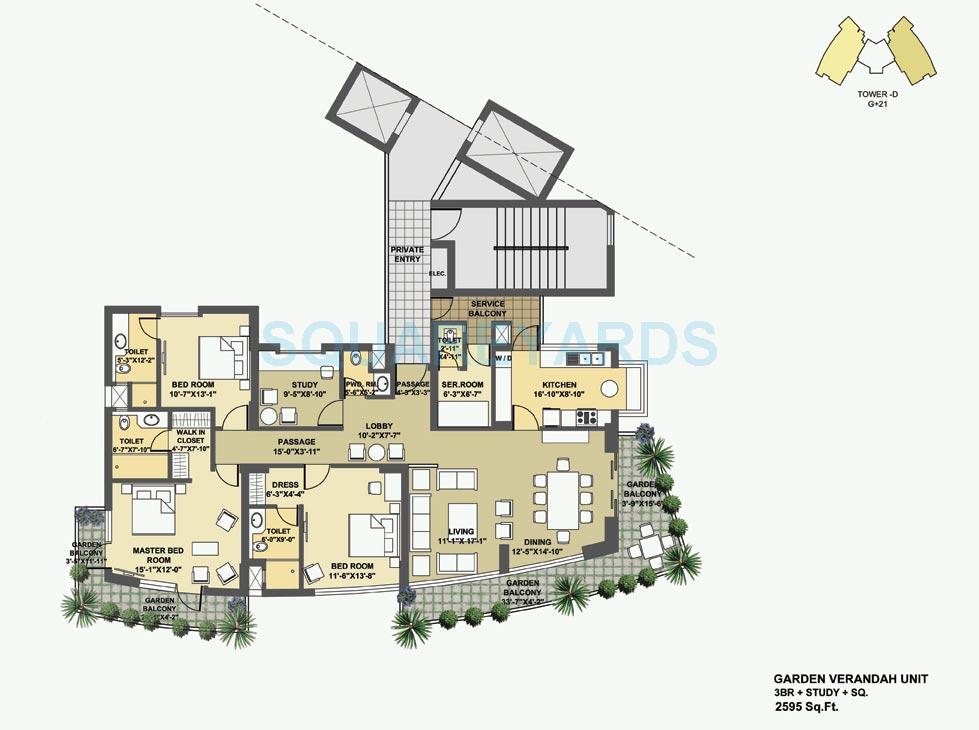 Floor plan of 3 BHK 2595 Sq. Ft. Apartment in Pioneer Park Presidia, Gurgaon