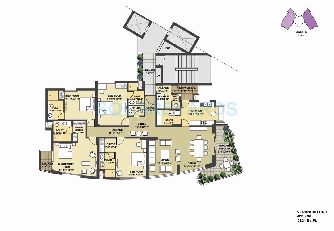 Floor plan of 4 BHK 2821 Sq. Ft. Apartment in Pioneer Park Presidia, Gurgaon
