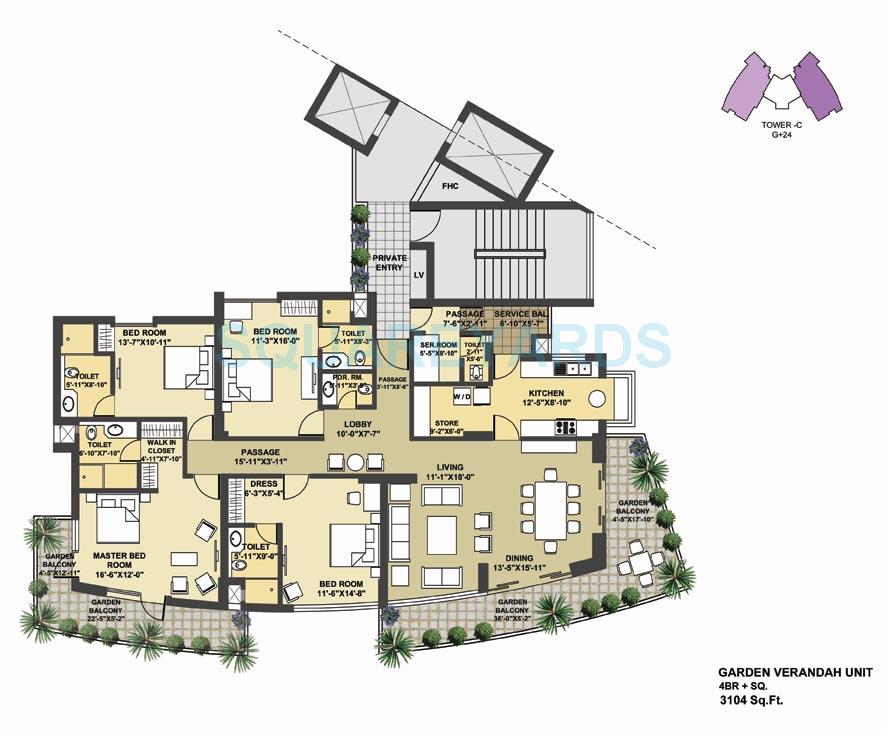 Floor plan of 4 BHK 3104 Sq. Ft. Apartment in Pioneer Park Presidia, Gurgaon