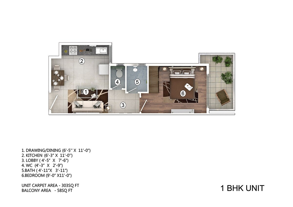 Floor plan of 1 BHK 361 Sq. Ft. Apartment in Pivotal Paradise, Gurgaon