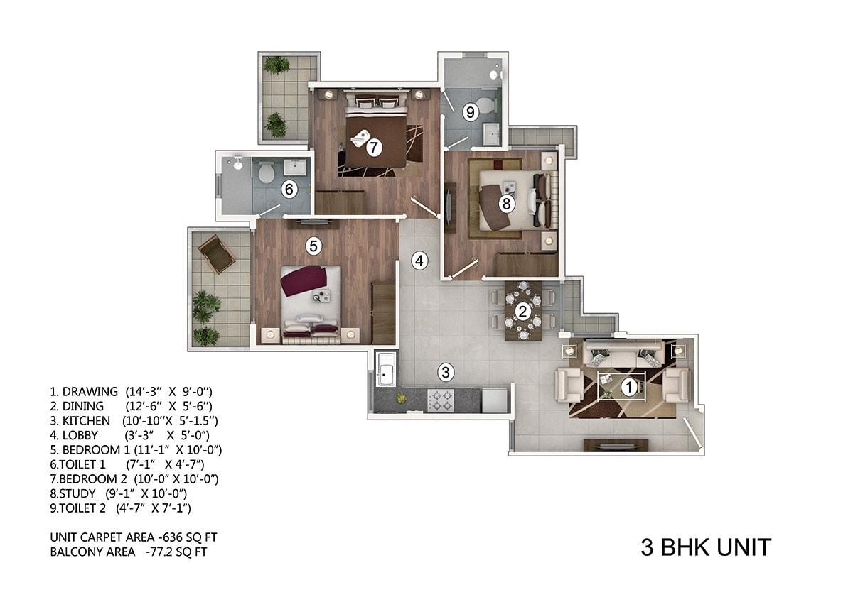Floor plan of 3 BHK 716 Sq. Ft. Apartment in Pivotal Paradise, Gurgaon