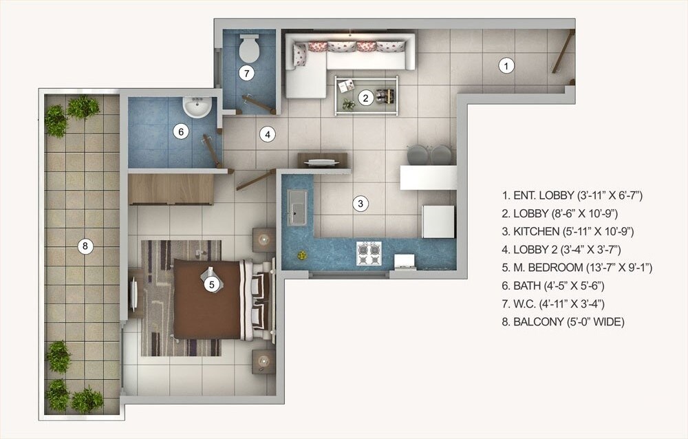 Floor plan of 1 BHK 453 Sq. Ft. Apartment in Pivotal Riddhi Siddhi, Gurgaon