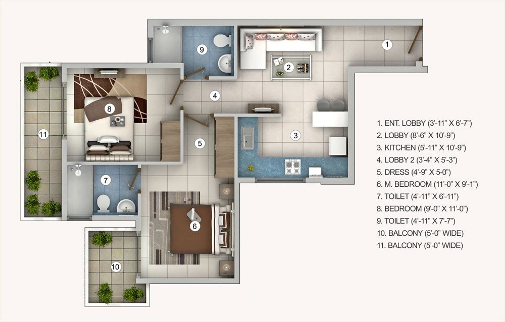 Floor plan of 2 BHK 587 Sq. Ft. Apartment in Pivotal Riddhi Siddhi, Gurgaon