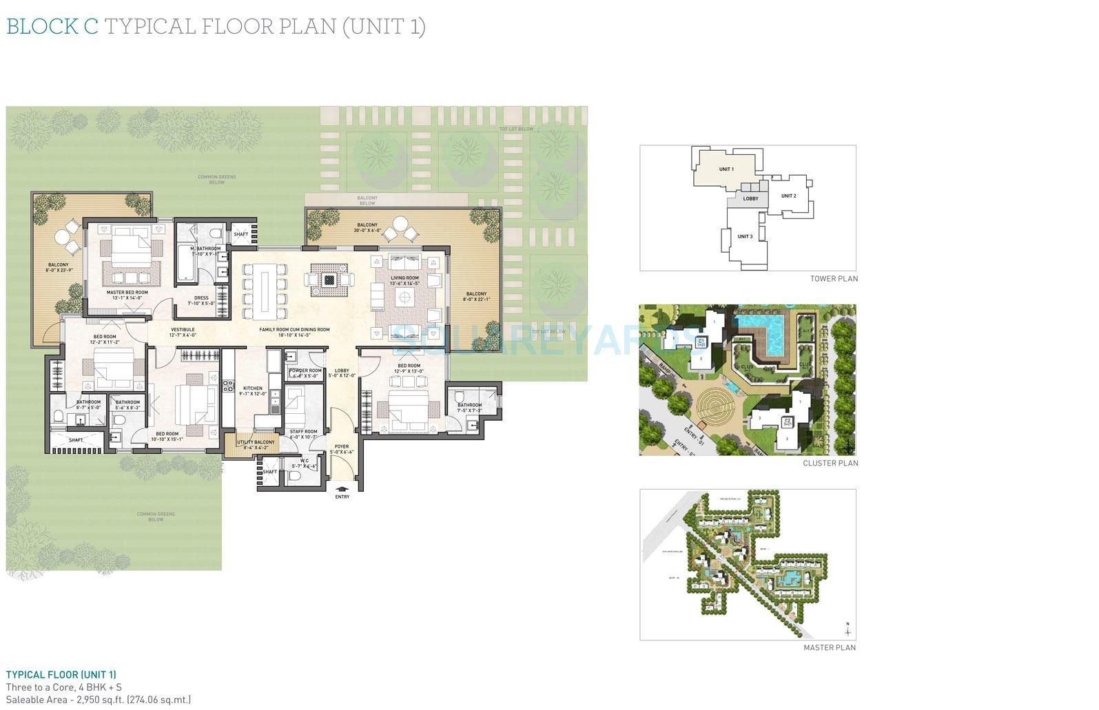 Floor plan of 4 BHK 2950 Sq. Ft. Apartment in Puri Diplomatic Greens Phase I, Gurgaon