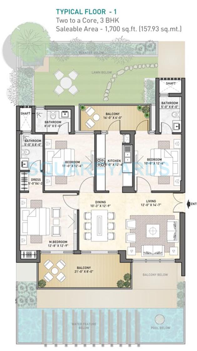 Floor plan of 3 BHK 1700 Sq. Ft. Apartment in Puri Diplomatic Greens Phase I, Gurgaon