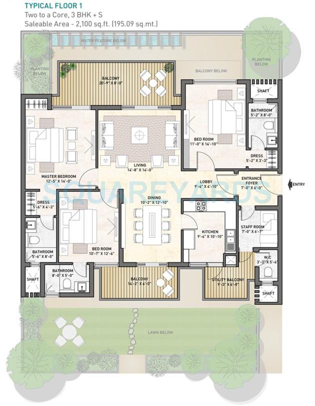 Floor plan of 3 BHK 2100 Sq. Ft. Apartment in Puri Diplomatic Greens Phase I, Gurgaon