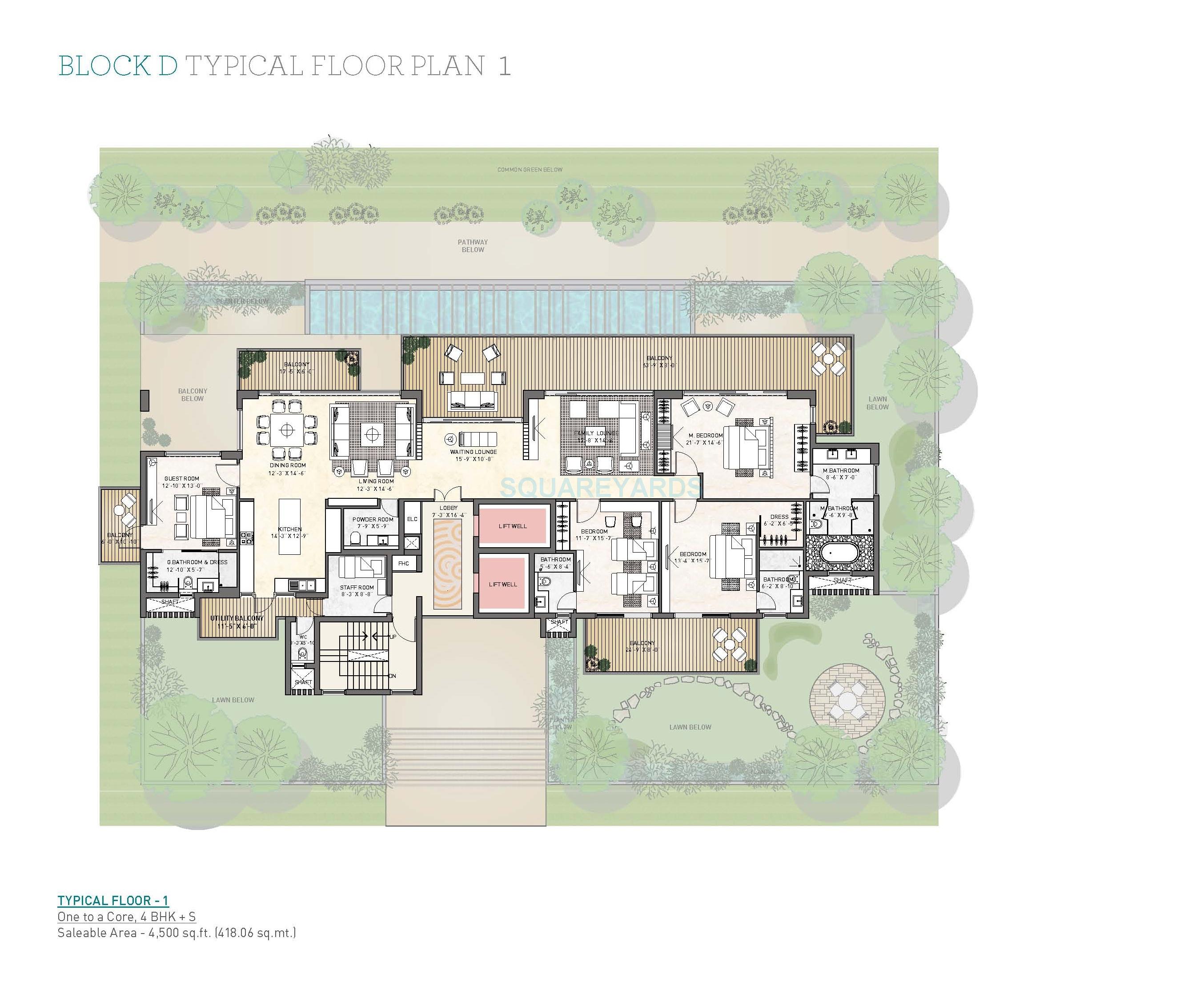 Floor plan of 4 BHK 4500 Sq. Ft. Apartment in Puri Diplomatic Greens Phase I, Gurgaon