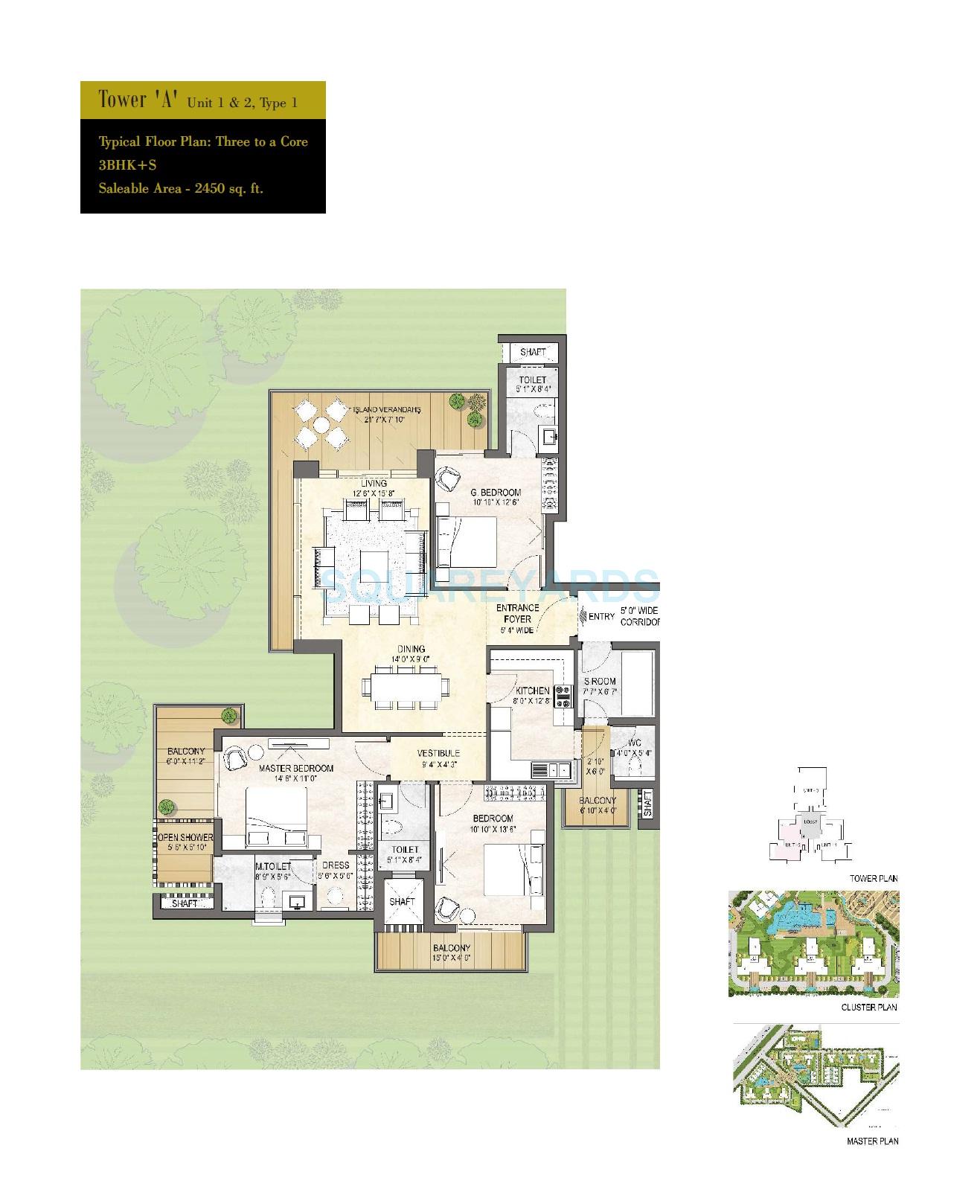 Floor plan of 3 BHK 2450 Sq. Ft. Apartment in Puri Emerald Bay, Gurgaon