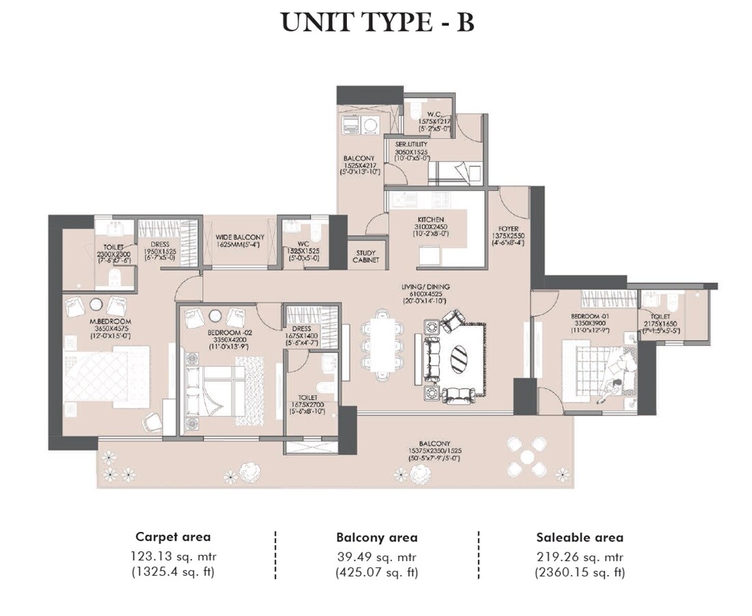 Floor plan of 3 BHK 2360 Sq. Ft. Apartment in Pyramid Alban, Gurgaon