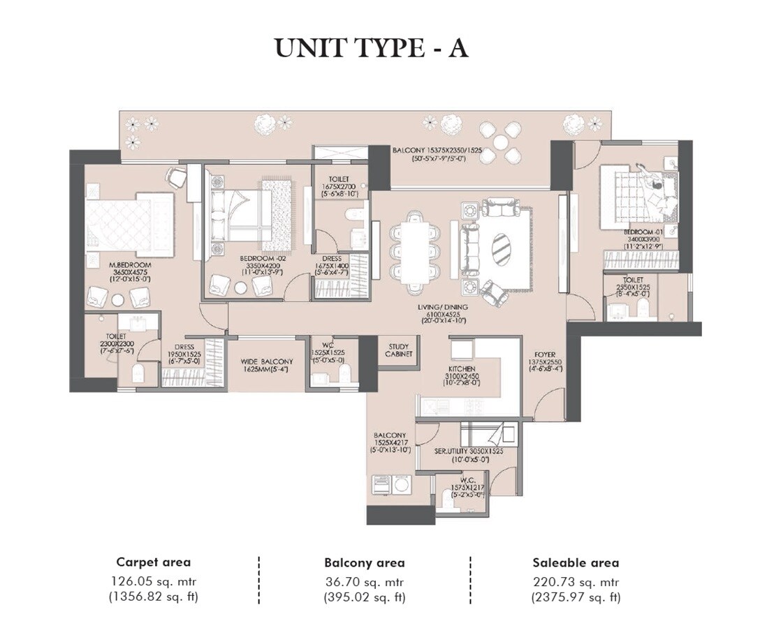 Floor plan of 3 BHK 2375 Sq. Ft. Apartment in Pyramid Alban, Gurgaon