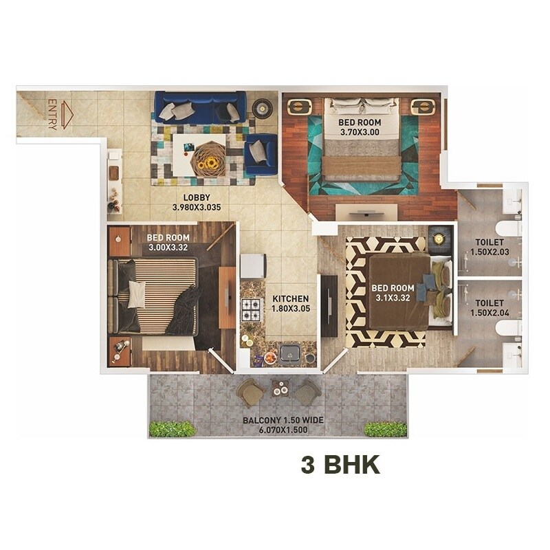 Floor plan of 3 BHK Apartment - 742 sq. ft. in Pyramid Altia, Gurgaon