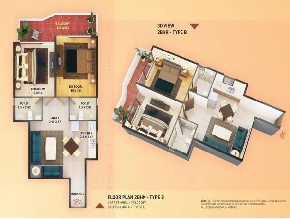 Floor plan of 2 BHK 673 Sq. Ft. Apartment in Pyramid Elite, Gurgaon