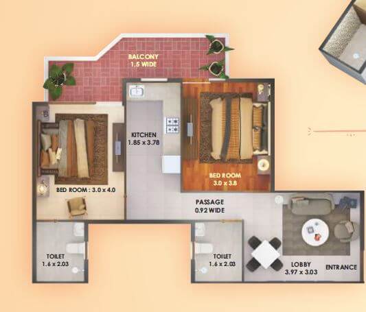 Floor plan of 2 BHK 681 Sq. Ft. Apartment in Pyramid Elite, Gurgaon