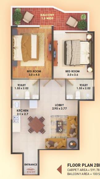 Floor plan of 2 BHK 691 Sq. Ft. Apartment in Pyramid Elite, Gurgaon