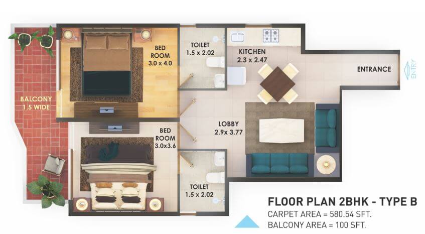 Floor plan of 2 BHK 680 Sq. Ft. Apartment in Pyramid Fusion Homes, Gurgaon
