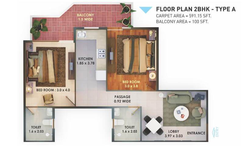 Floor plan of 2 BHK 691 Sq. Ft. Apartment in Pyramid Fusion Homes, Gurgaon