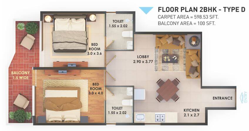 Floor plan of 2 BHK 698 Sq. Ft. Apartment in Pyramid Fusion Homes, Gurgaon