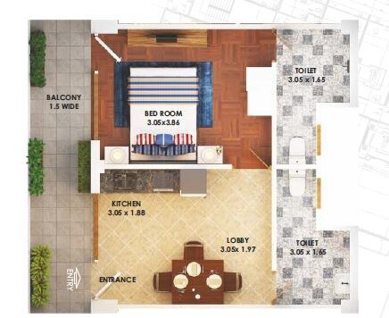 Floor plan of 1 BHK 458 Sq. Ft. Apartment in Pyramid Heights, Gurgaon