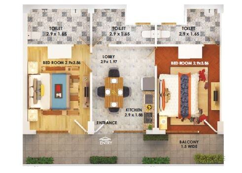 Floor plan of 2 BHK 625 Sq. Ft. Apartment in Pyramid Heights, Gurgaon