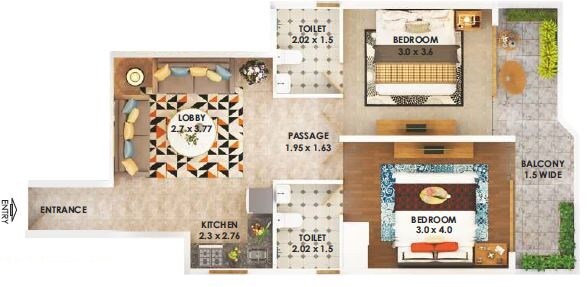 Floor plan of 2 BHK 678 Sq. Ft. Apartment in Pyramid Heights, Gurgaon