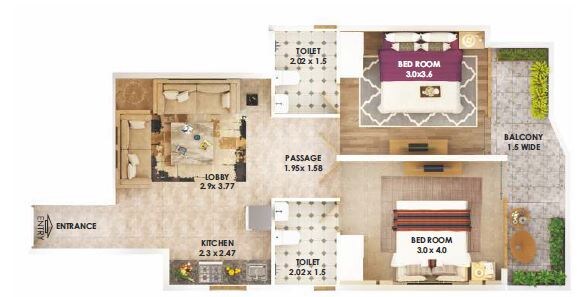 Floor plan of 2 BHK 680 Sq. Ft. Apartment in Pyramid Heights, Gurgaon