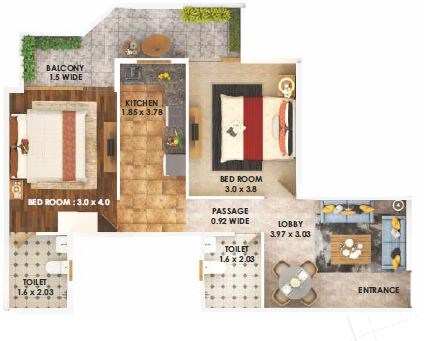 Floor plan of 2 BHK 691 Sq. Ft. Apartment in Pyramid Heights, Gurgaon