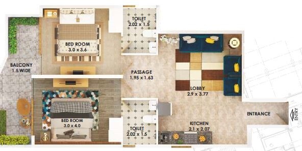 Floor plan of 2 BHK 698 Sq. Ft. Apartment in Pyramid Heights, Gurgaon