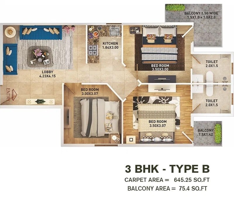 3 BHK 720 Sq. Ft. Apartment